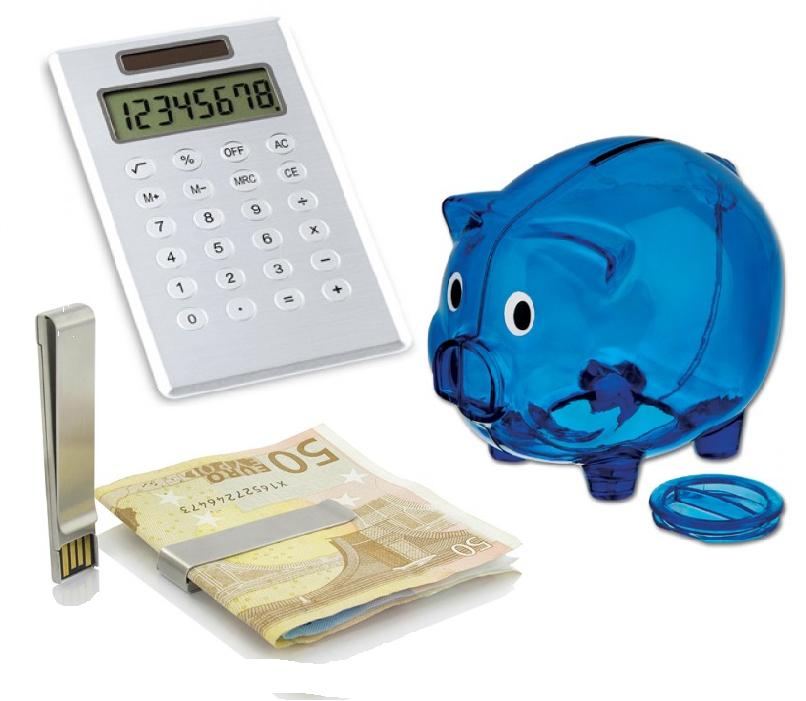 Werbeartikel-für-Banken-Taschenrechner-Sparschwein-Geld