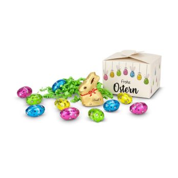 Geschenkartikel: Buntes Lindt Osternest - Lindt-Osterhase mit 10 Eiern, auch in individueller Pralinenschachtel