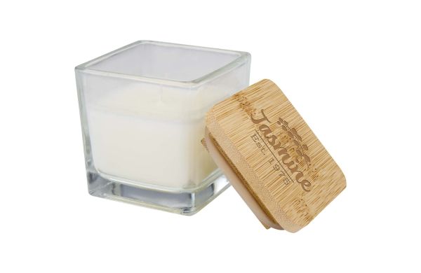 Ambra Quadratische Glaskerze mit Bambusdeckel