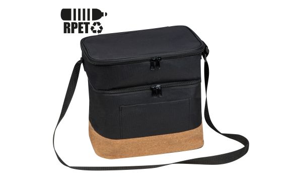 Kühltasche aus RPET mit Extrafach und Korkboden - schwarz
