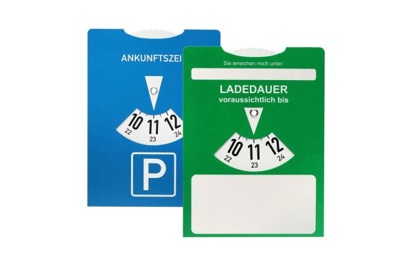 Kartonparkscheibe mit Ladedaueranzeige für Elektroautos_ grün_ blau