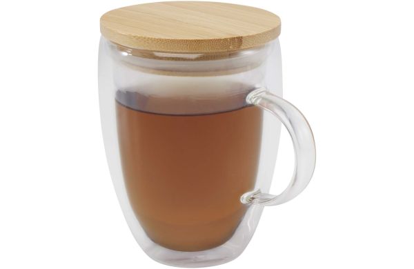 Leona 350 ml Glasbecher mit Bambusdeckel, transparent klar