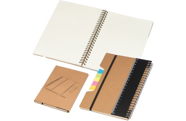 Notizbuch mit Haftnotizen, Ringbuch, Lineal und Gummiband zum Verschließen - braun
