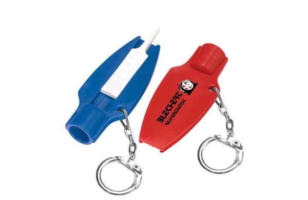 Reifenprofiltiefenmesser mit Ventilkappendreher, Gliederkette und Ring