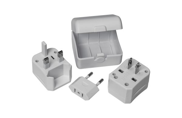 Reiseadapter in einem Kunststoffetui mit Adaptern für US, UK, AUS, Asien und EU - weiß