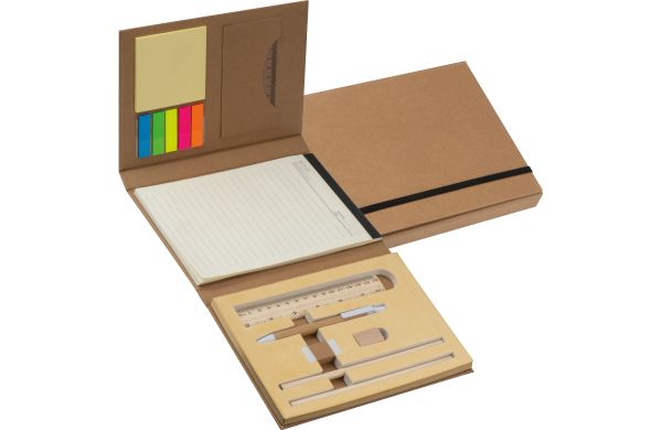 Schreibmappe mit Lineal, Schreibblock und Haftmarkern - braun