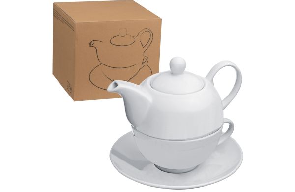 Teekanne mit Tasse und Untersetzer aus Porzellan