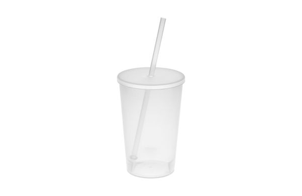 Trinkbecher "Vital", 500 ml mit Deckel und Strohhalm, transparent-weiß