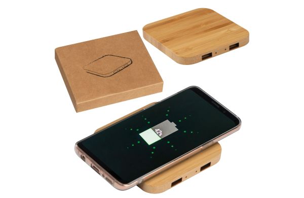 Wireless Charger aus Bambus mit 2 USB Hubs - beige