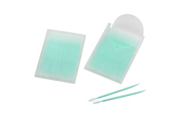 Zahnstocher mit Interdentalbürste_ gefrostet glasklar_ grün