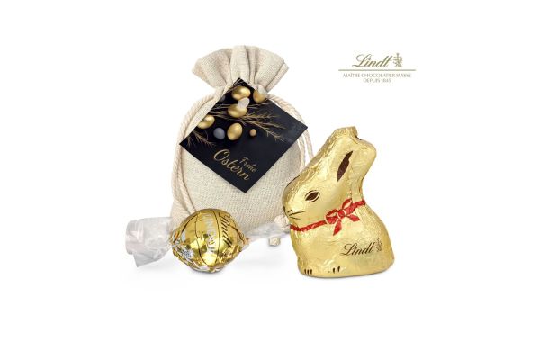 Geschenkartikel / Präsentartikel: Goldenes Ostersäckchen mit Lindt Goldhase und Lindorkugel
