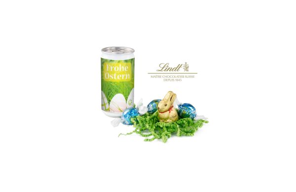 Geschenkartikel / Präsentartikel: Lindt-Oster-Überraschung, Das Nest in der Dose - Etikett Frohe Ostern - EierWiese