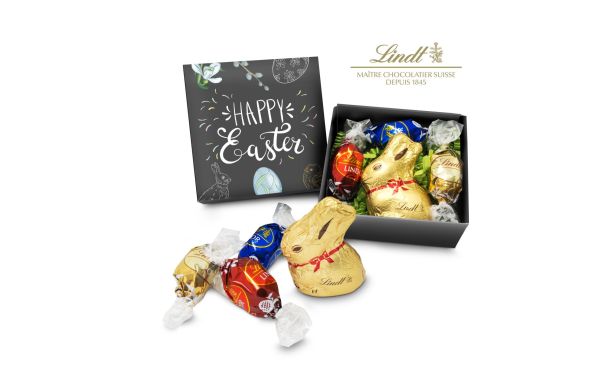 Geschenkartikel / Präsentartikel: Lindt Osternest - Goldhase und 3 Lindor Mini-Eier, auch in individueller Schachtel