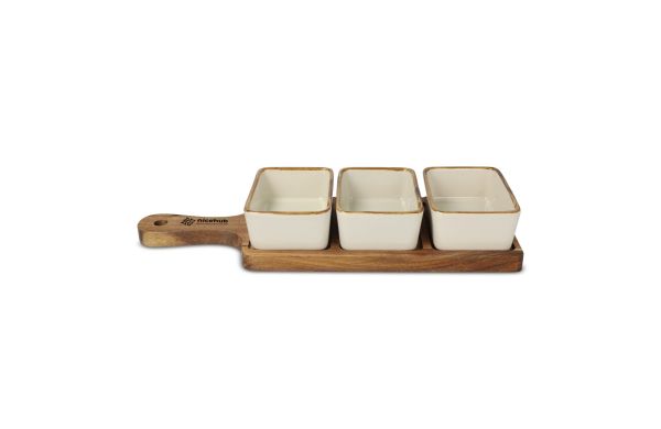 InSideOut Servierbrett aus Holz mit 3 Keramikschalen, ecru