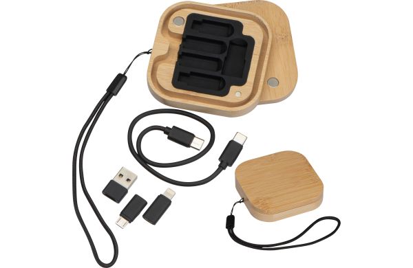Kabel- und Adapterset in einer Bambusbox