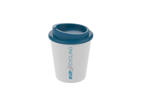 Kaffeebecher "Premium", small upcycling, weiss/blau