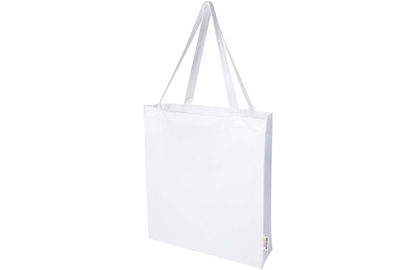 Madras 140 g/m² Baumwoll Tragetasche mit Seitenfalten aus GRS recycelter Baumwolle, weiss