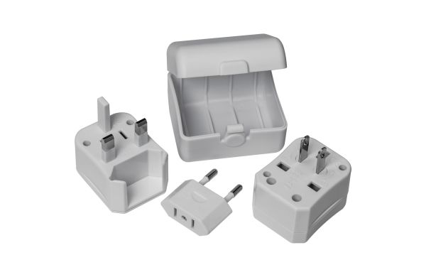 Reiseadapter in einem Kunststoffetui mit Adaptern für US, UK, AUS, Asien und EU - weiß