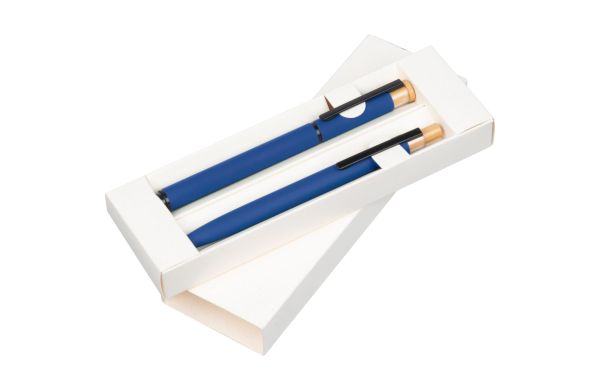 Schreibset-mit-Kugelschreiber-und-Rollerball-aus-recyceltem-Aluminium-blau