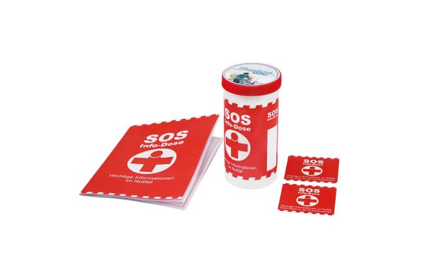 SOS-Info-Dose mit Standardbanderole und Deckaufkleber_ weiss_ rot
