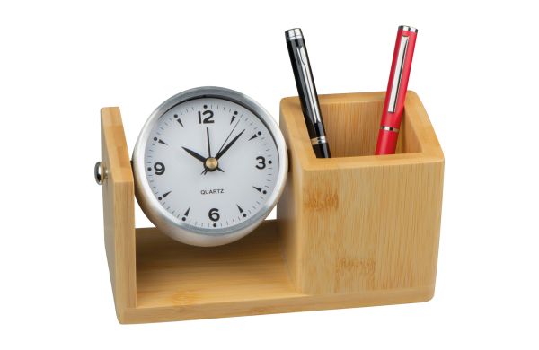 Stifteköcher aus Bambus mit analoger Uhr - beige