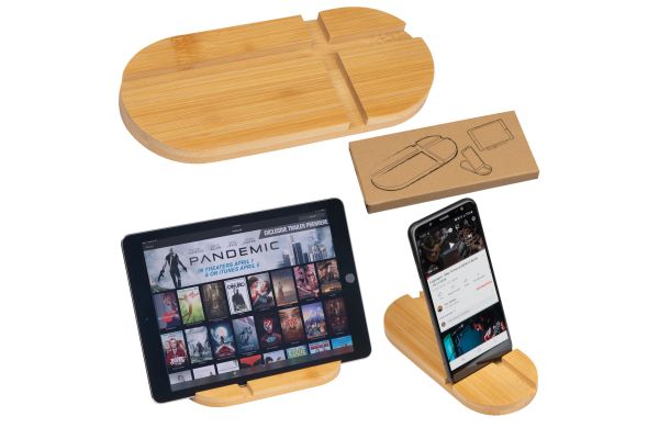 Tablet- und Smartphonehalter aus Bambus - beige