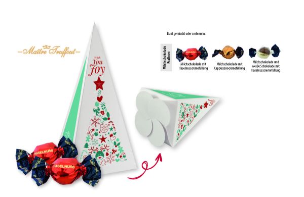 Weihnachtspralines in Motivkartonage Tannenbaum_ Pralinen mit Haselnusscremefüllung_ ca_ 120 g