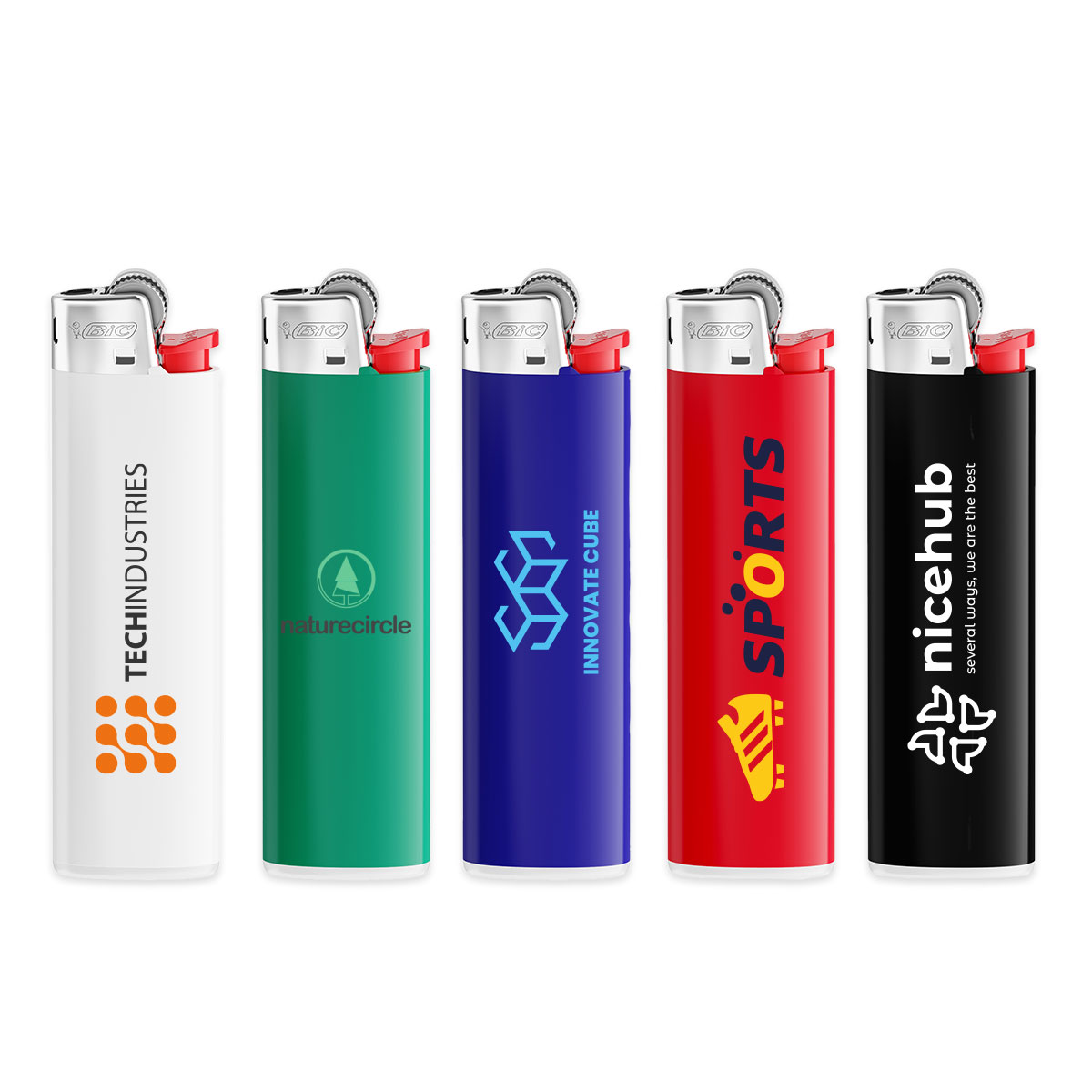 Individuell bedruckte Feuerzeuge in fünf Farben mit Firmenlogos Fünf Feuerzeuge in verschiedenen Farben mit individuellen Firmenlogos: Weiß, Grün, Blau, Rot und Schwarz
