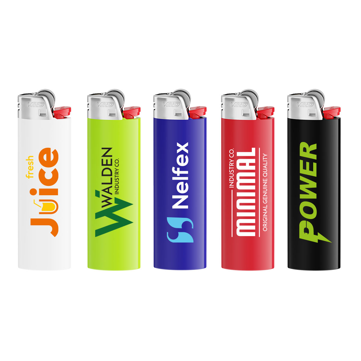 Bunte Feuerzeuge mit Firmenbranding in fünf Ausführungen Fünf bunte Feuerzeuge mit Firmenlogos, Farben: Weiß, Grün, Blau, Rot und Schwarz