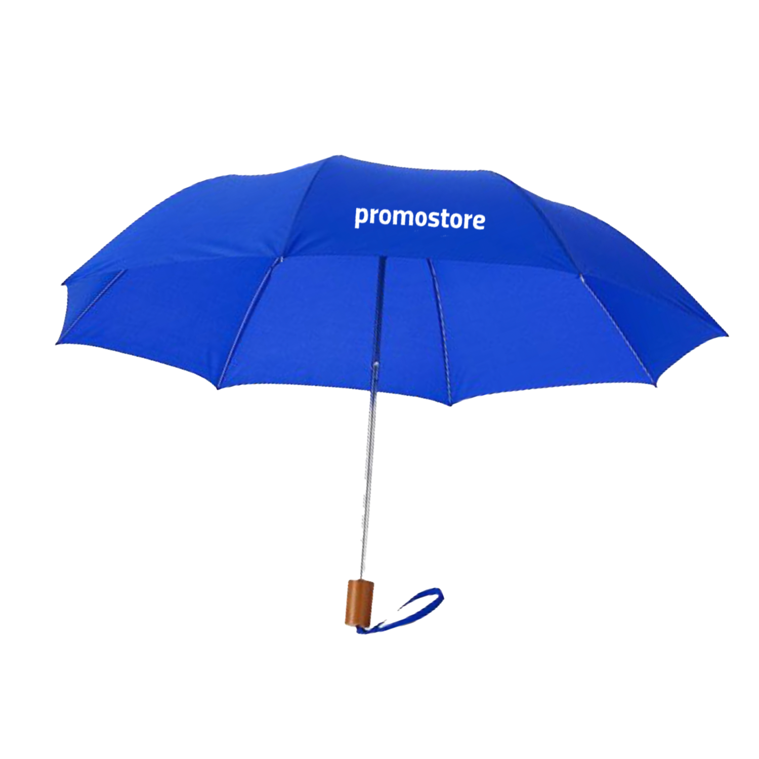 Hochwertiger blauer Regenschirm mit Promostore-Branding Blauer Regenschirm mit Promostore-Logo