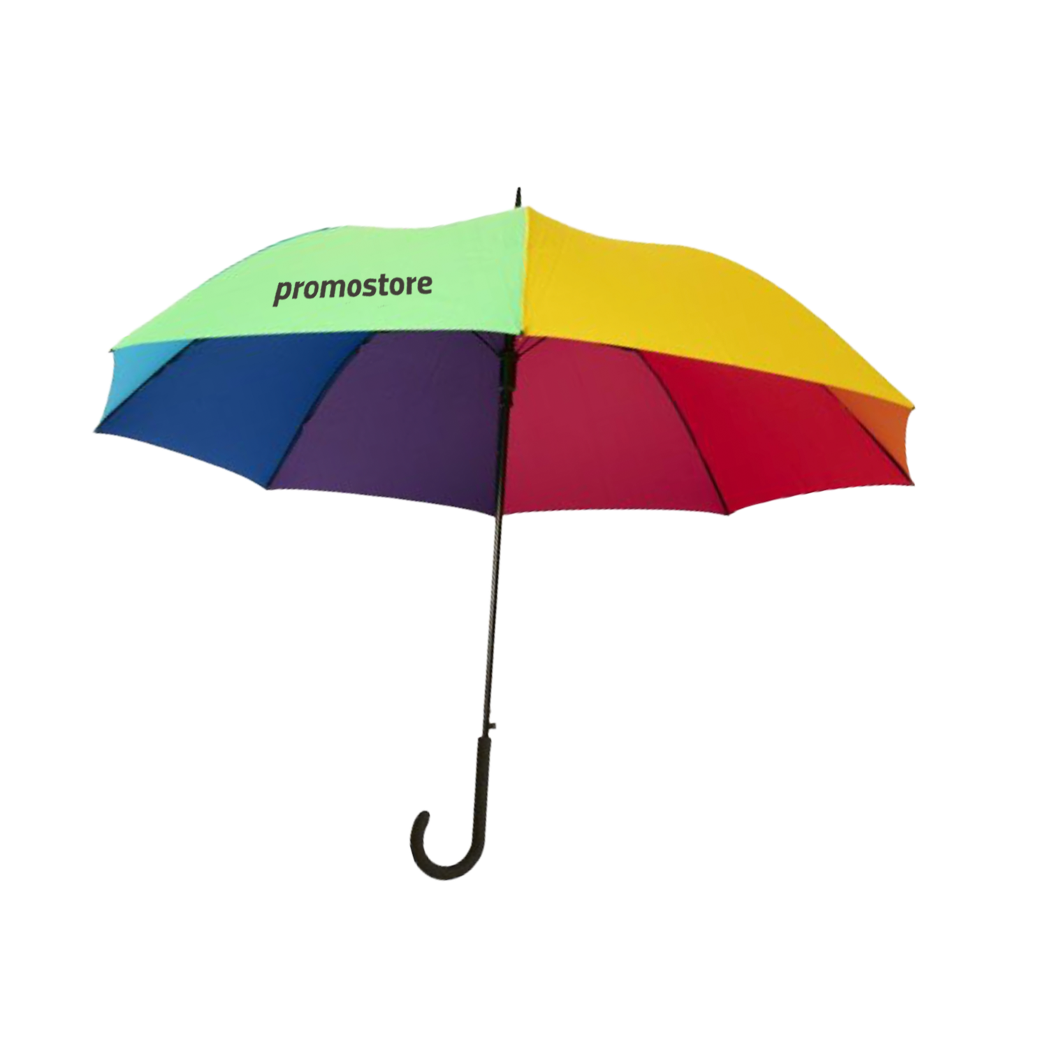Farbenfroher Regenbogen-Regenschirm mit Promostore-Branding Regenbogen-Regenschirm mit Promostore-Logo