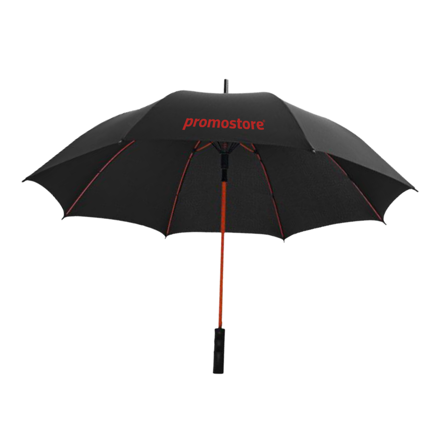 Moderner schwarzer Regenschirm mit roten Details und Promostore-Branding Schwarzer Regenschirm mit roten Akzenten und Promostore-Logo