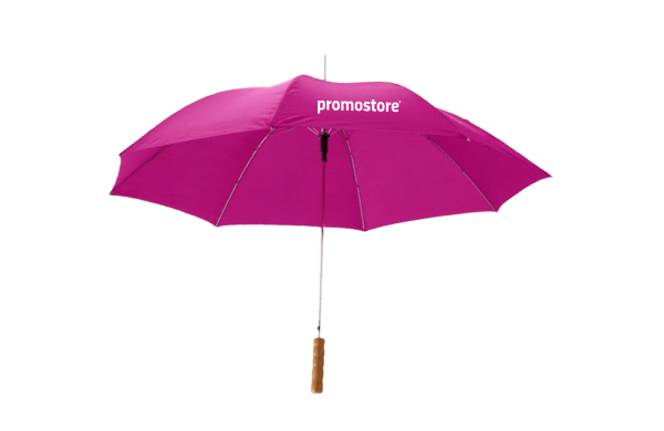 Auffälliger pinker Regenschirm mit Promostore-Branding Pinker Regenschirm mit Promostore-Logo