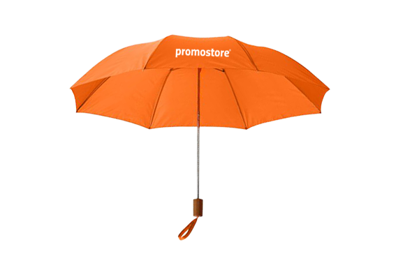 Stilvoller oranger Regenschirm mit Promostore-Branding Oranger Regenschirm mit Promostore-Logo