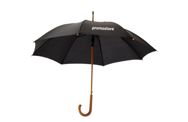 Hochwertiger schwarzer Regenschirm mit Holzgriff und Promostore-Branding Schwarzer Regenschirm mit Holzgriff und Promostore-Logo