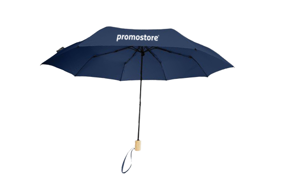 Zeitloser dunkelblauer Regenschirm mit Promostore-Branding Dunkelblauer Regenschirm mit Promostore-Logo